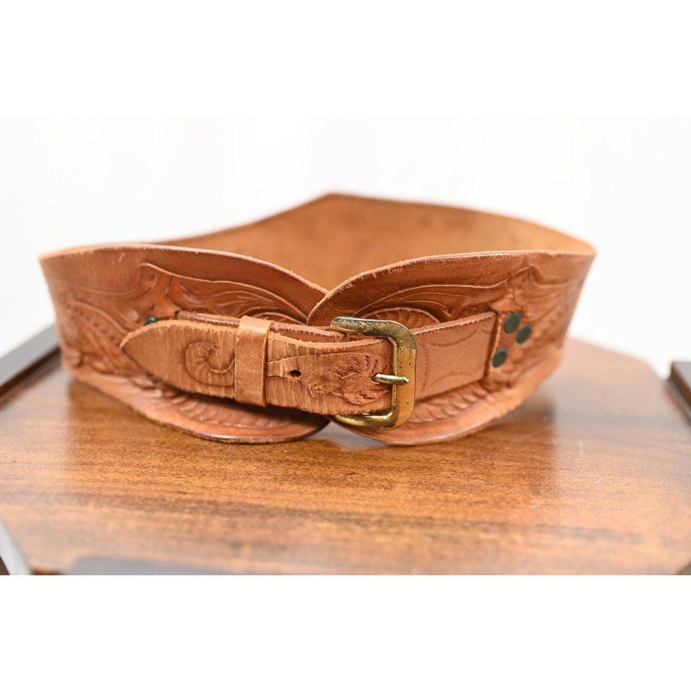 Vintage Hand Tooled Floral Leather Waist Belt Tan Brown Wide Western Boho